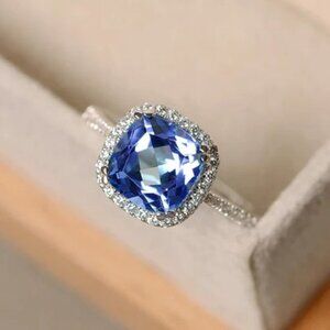 Classic Square Royal Blue Gemstone Zircon Thin Rings for Women, EVGG1220